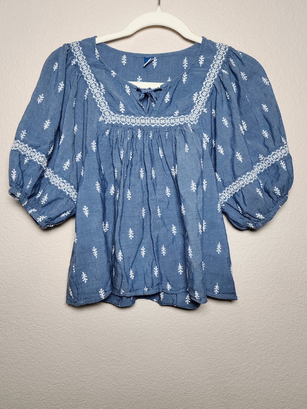 Blue Embroidered Peasant Blouse Bubble Sleeves Cottagecore Cottage Core Flowy